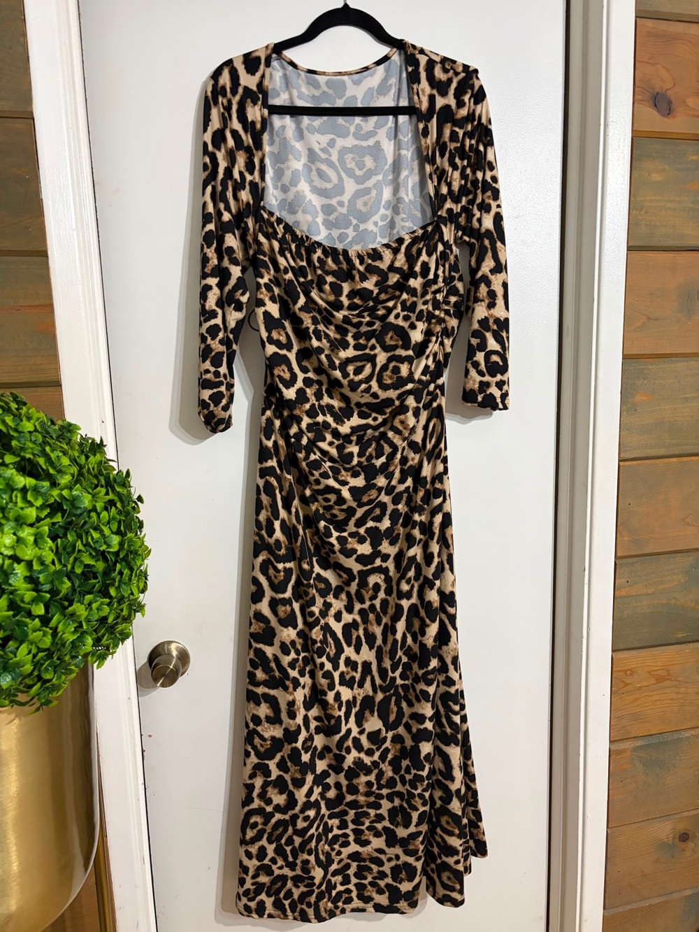 SHEIN Leopard Print Long Sleeve Cowl Neck Dress - Beige and Black